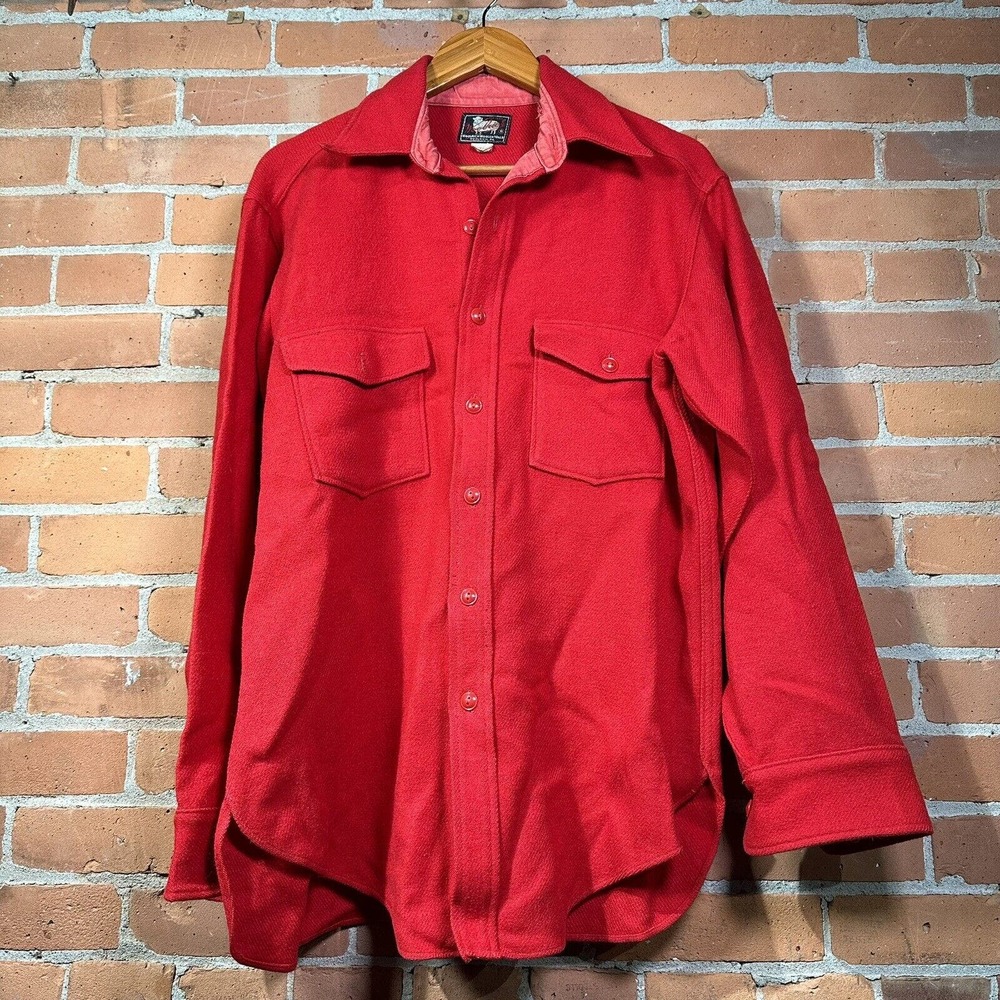 Vintage Woolrich Woolen Mills Flannel Button Up Shirt Men's Large 16 Red 1950s